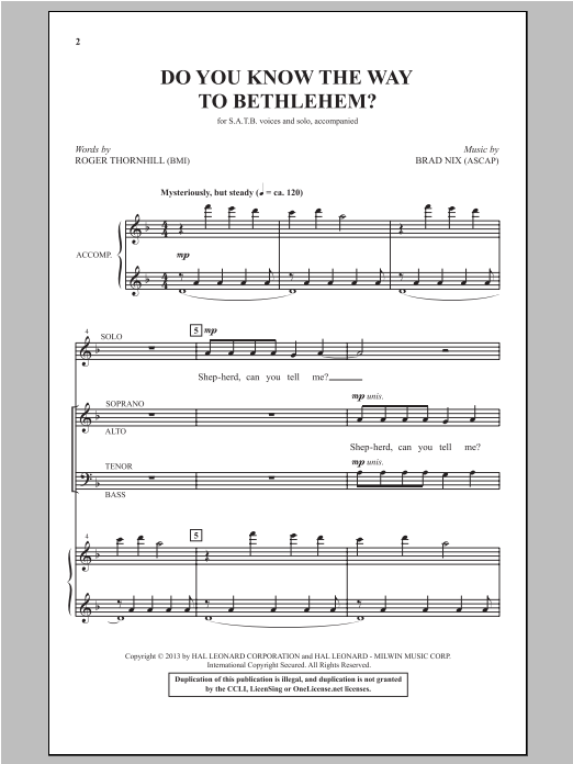 Download Brad Nix Do You Know The Way To Bethlehem? Sheet Music and learn how to play SATB PDF digital score in minutes