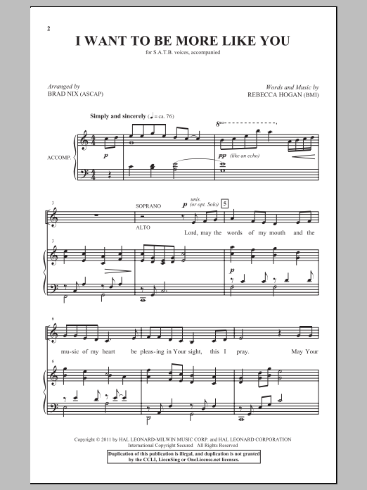 Download Brad Nix I Want To Be More Like You Sheet Music and learn how to play SATB PDF digital score in minutes