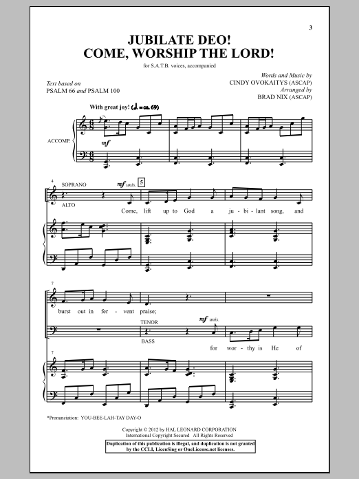 Download Cindy Ovokaitys Jubilate Deo! Come Worship The Lord! (arr. Brad Nix) Sheet Music and learn how to play SATB PDF digital score in minutes