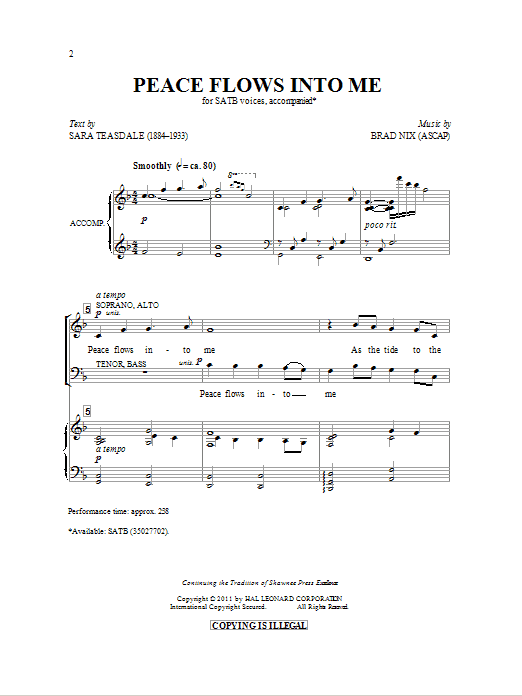 Download Brad Nix Peace Flows Into Me Sheet Music and learn how to play SATB PDF digital score in minutes