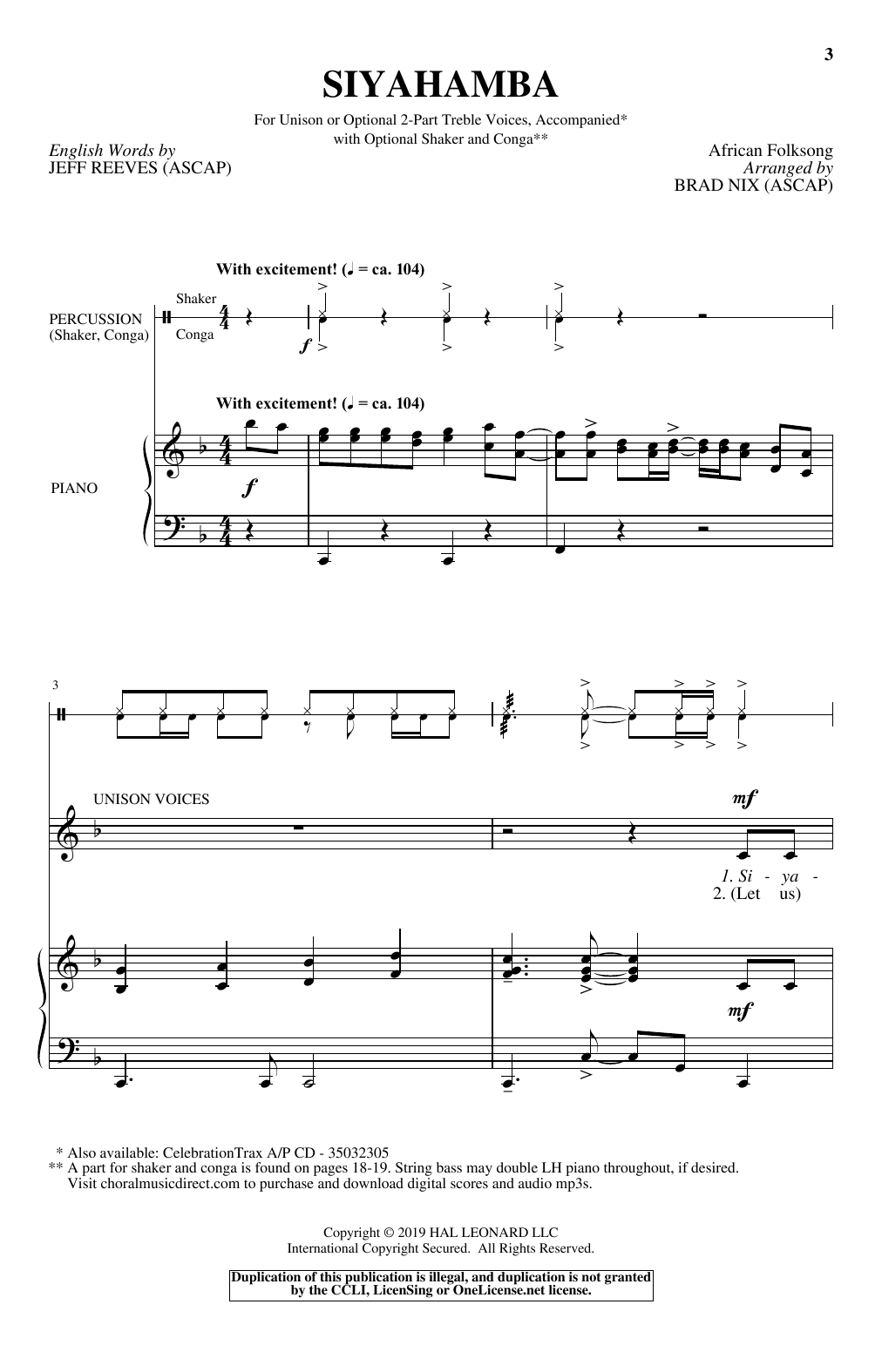 Download Brad Nix Siyahamba Sheet Music and learn how to play Unison Choir PDF digital score in minutes