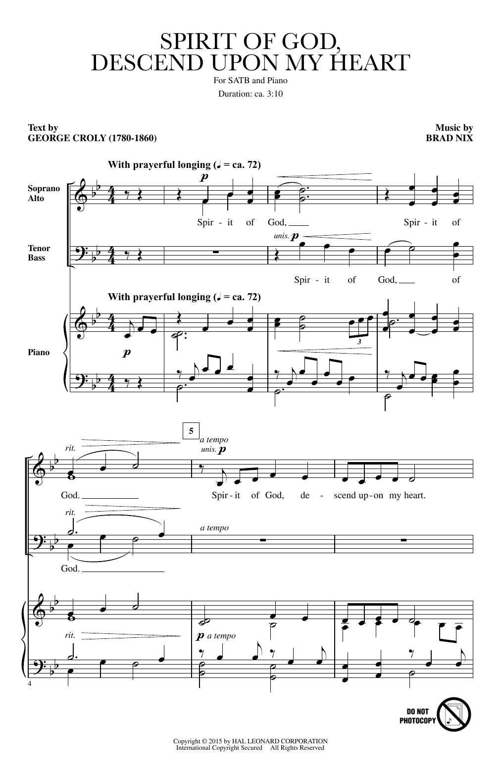 Download Brad Nix Spirit Of God, Descend Upon My Heart Sheet Music and learn how to play SATB PDF digital score in minutes
