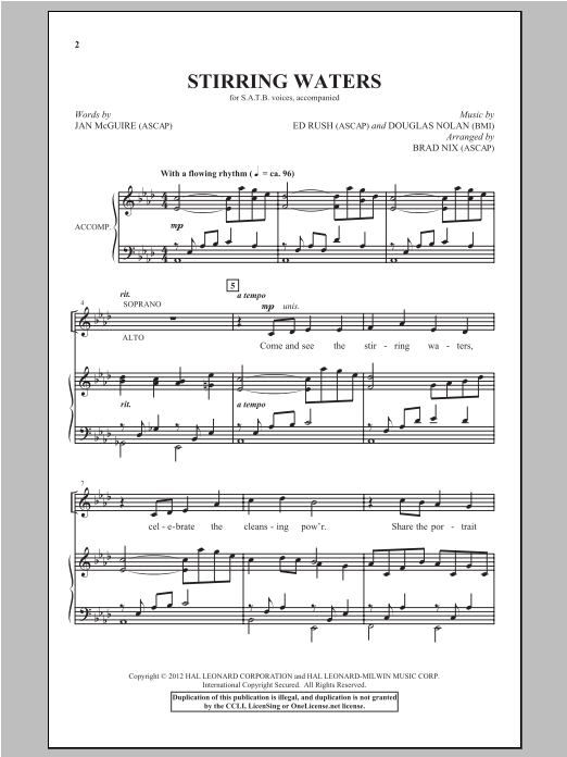 Download Ed Rush Stirring Waters (arr. Brad Nix) Sheet Music and learn how to play SATB PDF digital score in minutes