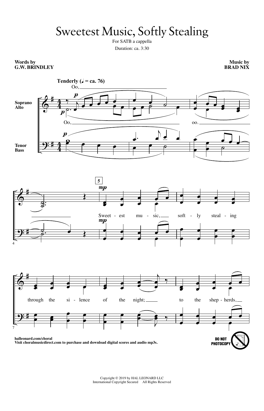 Download Brad Nix Sweetest Music, Softly Stealing Sheet Music and learn how to play SATB Choir PDF digital score in minutes