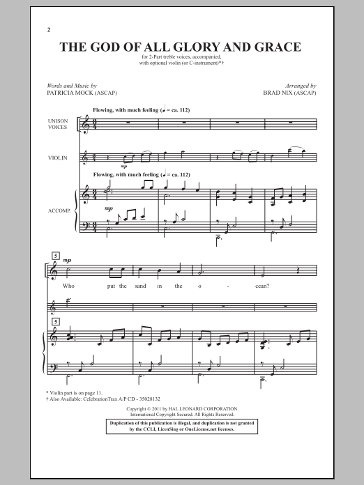 Download Patricia Mock The God Of All Glory And Grace (arr. Brad Nix) Sheet Music and learn how to play 2-Part Choir PDF digital score in minutes