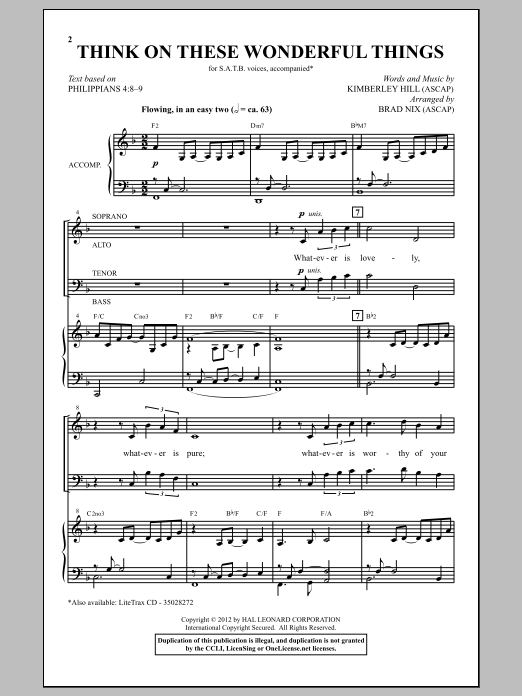 Download Kimberley Hill Think On These Wonderful Things (arr. Brad Nix) Sheet Music and learn how to play SATB PDF digital score in minutes