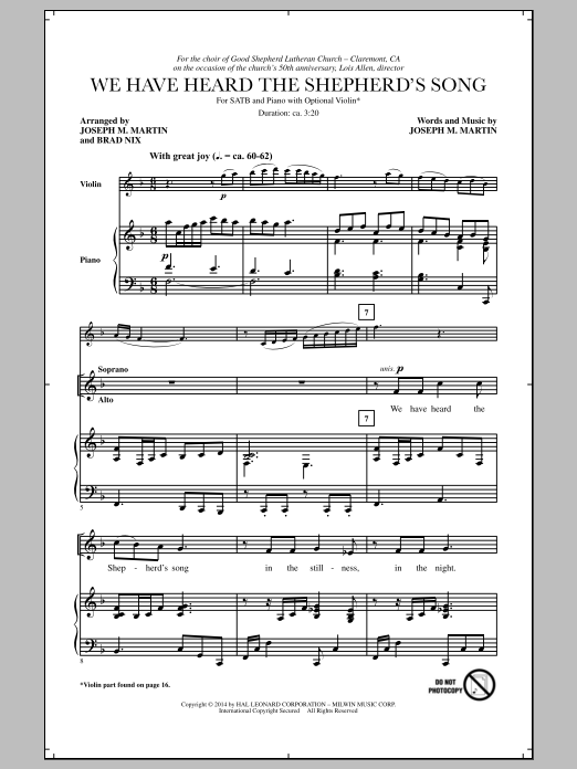 Download Joseph M. Martin We Have Heard The Shepherd's Song Sheet Music and learn how to play SATB PDF digital score in minutes