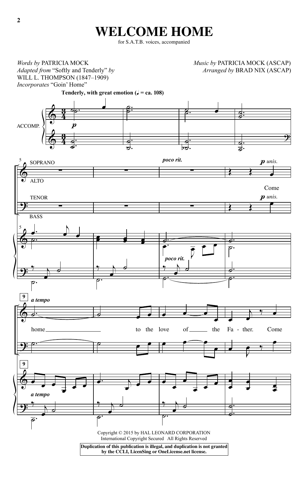 Download Patricia Mock Welcome Home (arr. Brad Nix) Sheet Music and learn how to play SATB PDF digital score in minutes