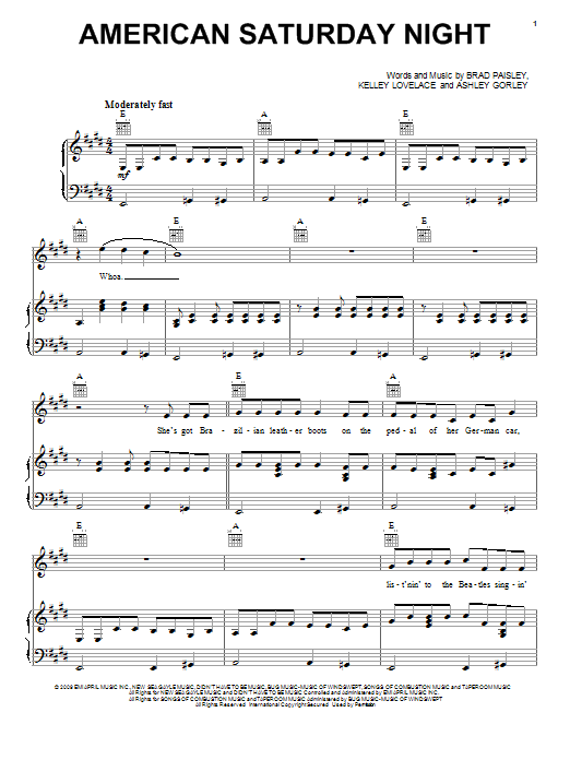 Download Brad Paisley American Saturday Night Sheet Music and learn how to play Piano, Vocal & Guitar (Right-Hand Melody) PDF digital score in minutes