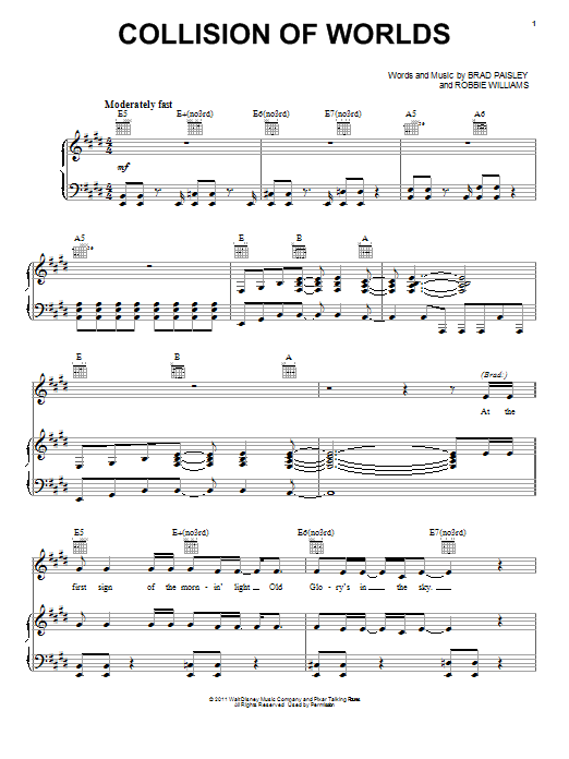 Download Brad Paisley and Robbie Williams Collision Of Worlds Sheet Music and learn how to play Piano, Vocal & Guitar (Right-Hand Melody) PDF digital score in minutes