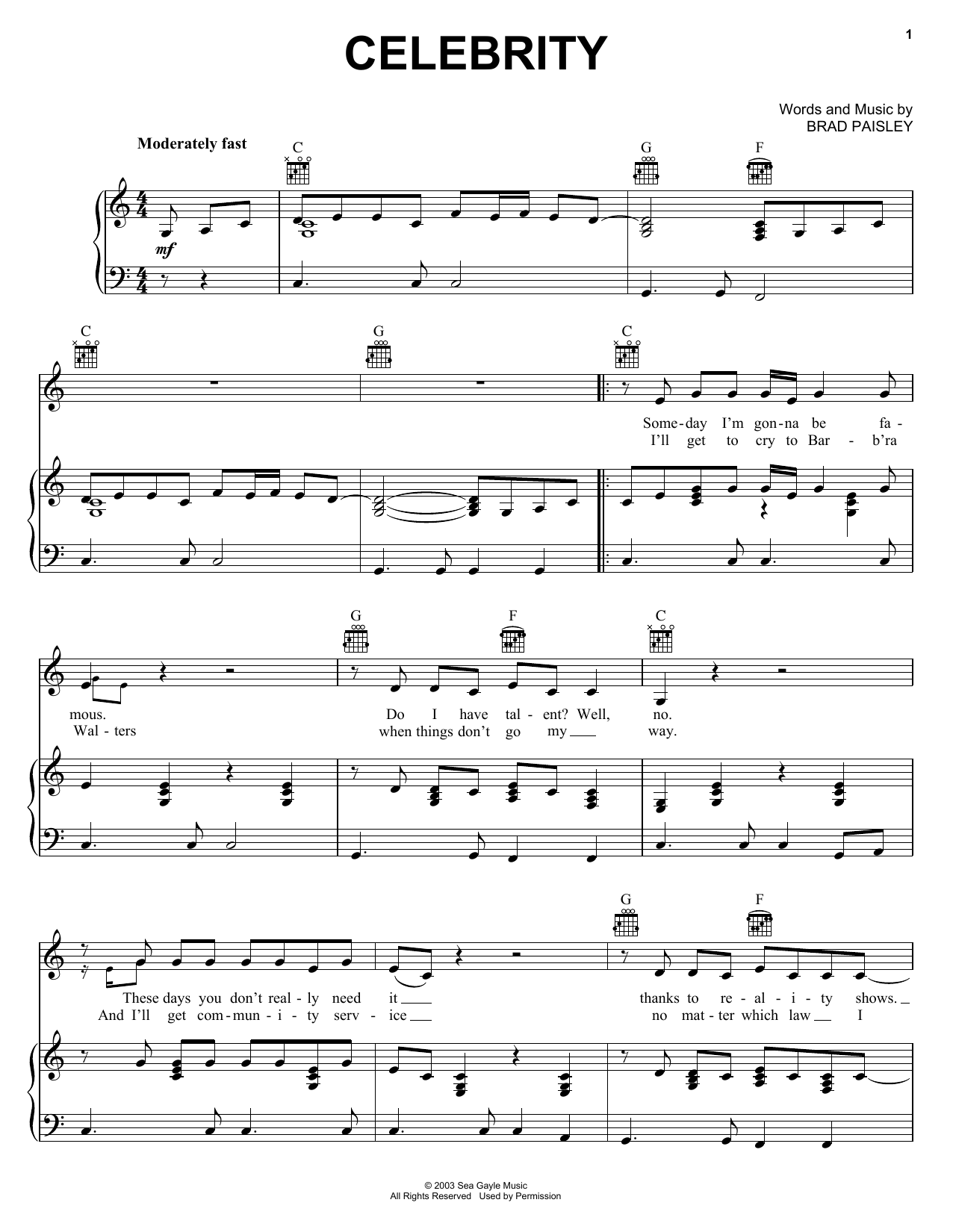 Download Brad Paisley Celebrity Sheet Music and learn how to play Lyrics & Chords PDF digital score in minutes