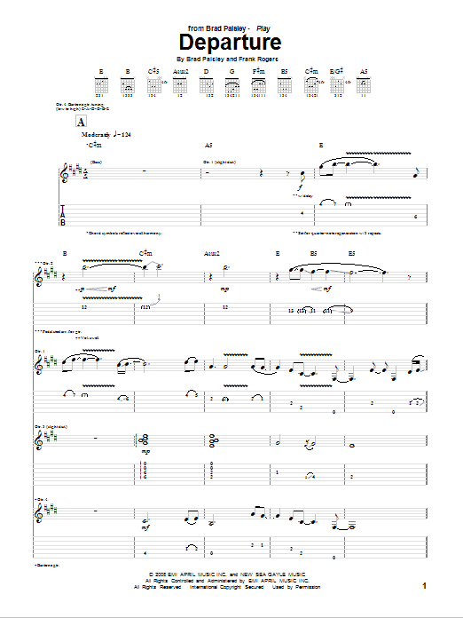 Download Brad Paisley Departure Sheet Music and learn how to play Guitar Tab PDF digital score in minutes
