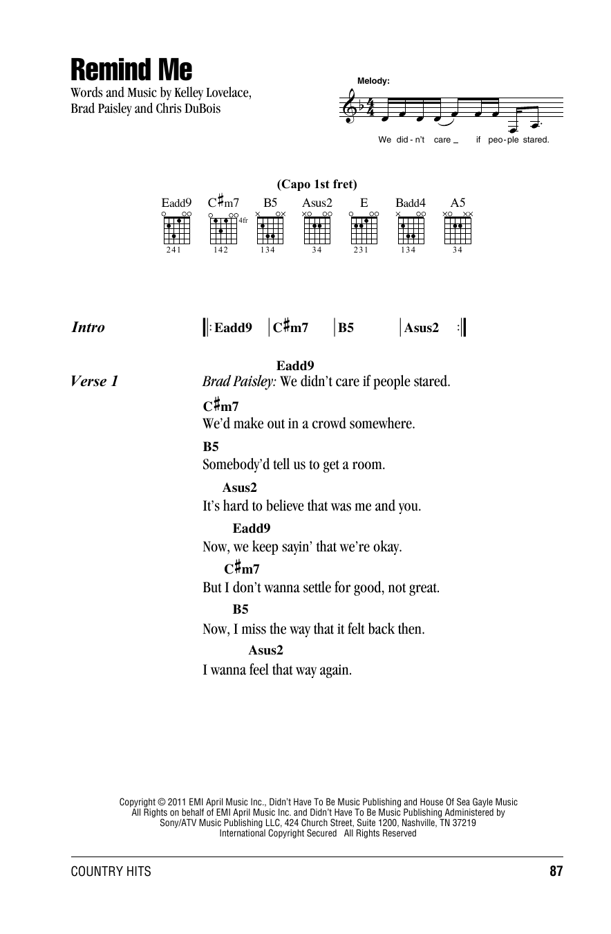 Download Brad Paisley Remind Me (Feat. Carrie Underwood) Sheet Music and learn how to play Lyrics & Chords PDF digital score in minutes