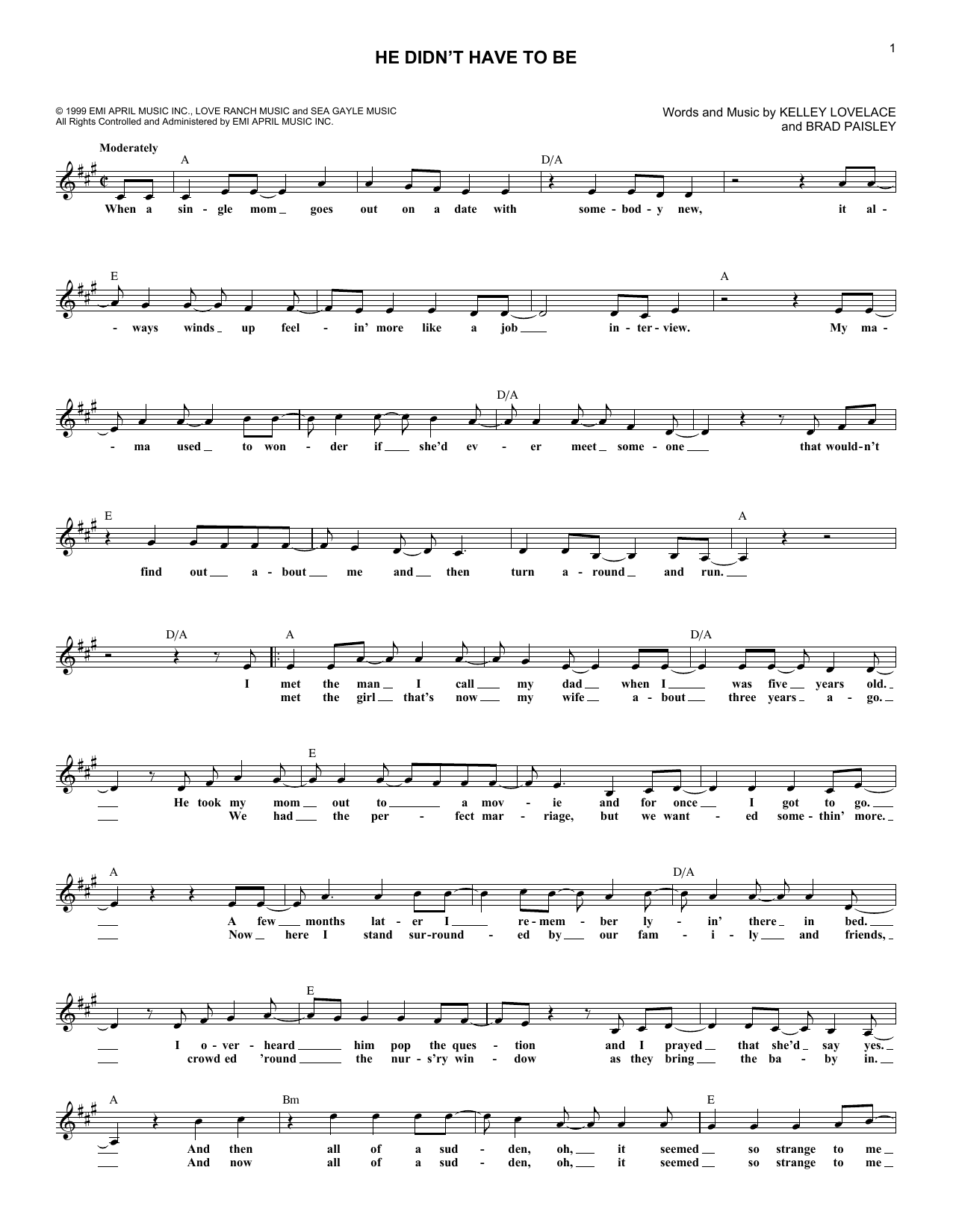 Download Brad Paisley He Didn't Have To Be Sheet Music and learn how to play Melody Line, Lyrics & Chords PDF digital score in minutes