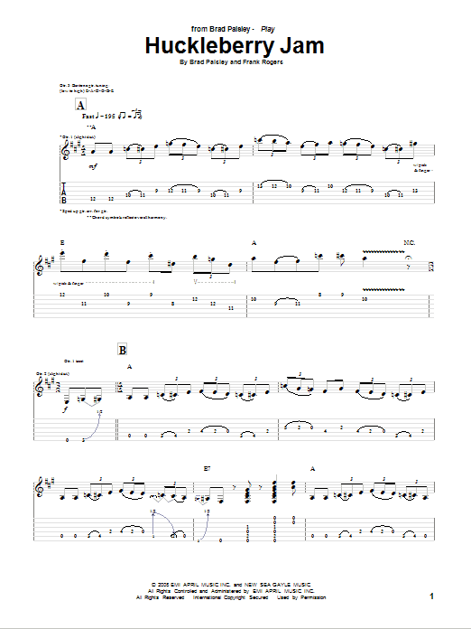 Download Brad Paisley Huckleberry Jam Sheet Music and learn how to play Guitar Tab PDF digital score in minutes