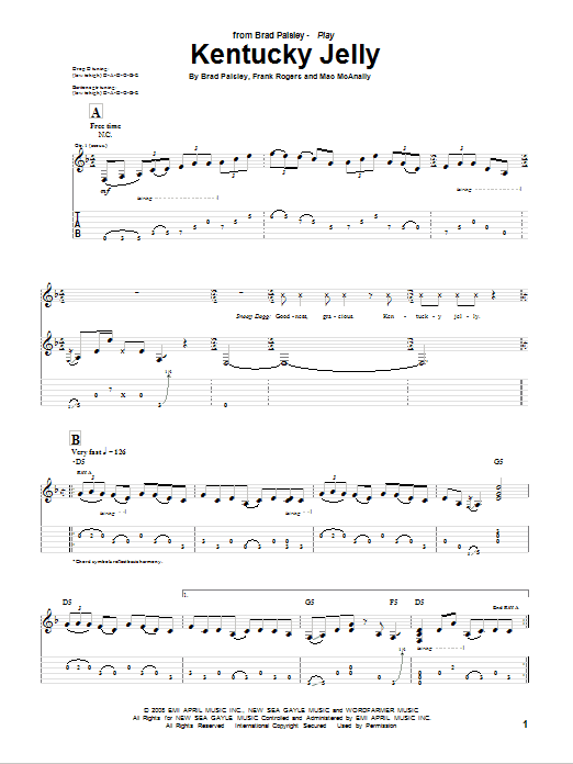 Download Brad Paisley Kentucky Jelly Sheet Music and learn how to play Guitar Tab PDF digital score in minutes