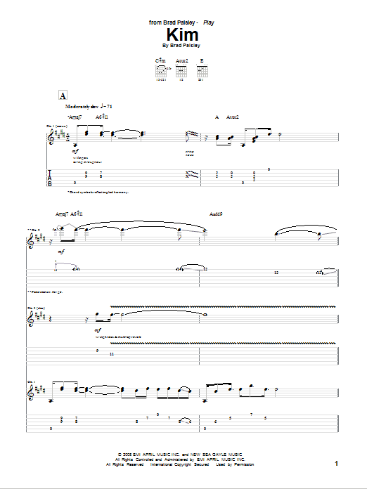 Download Brad Paisley Kim Sheet Music and learn how to play Guitar Tab PDF digital score in minutes