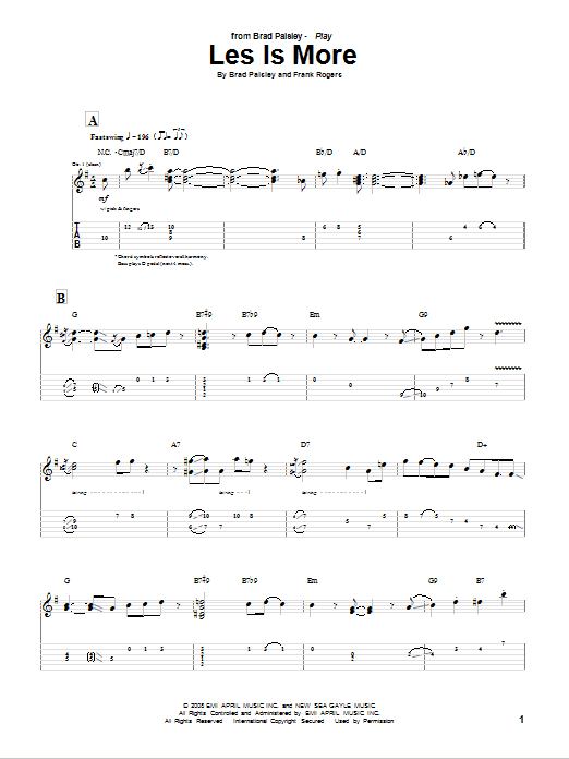 Download Brad Paisley Les Is More Sheet Music and learn how to play Guitar Tab PDF digital score in minutes