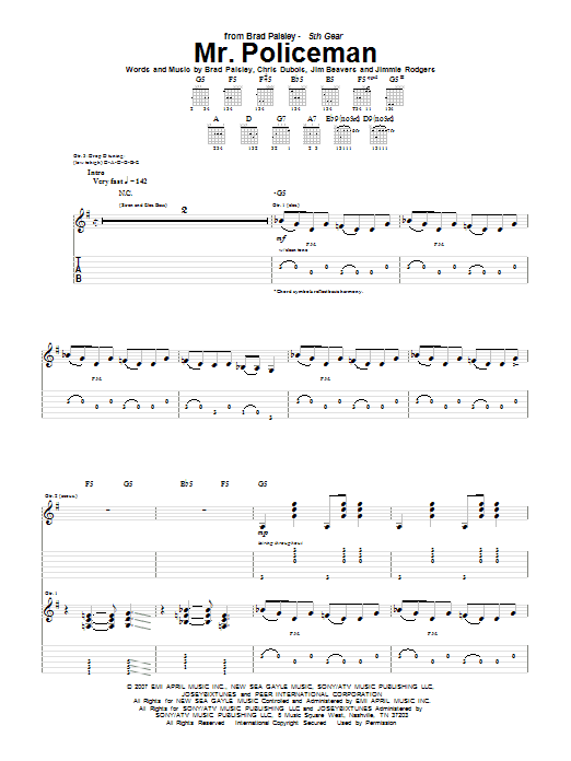 Download Brad Paisley Mr. Policeman Sheet Music and learn how to play Guitar Tab PDF digital score in minutes