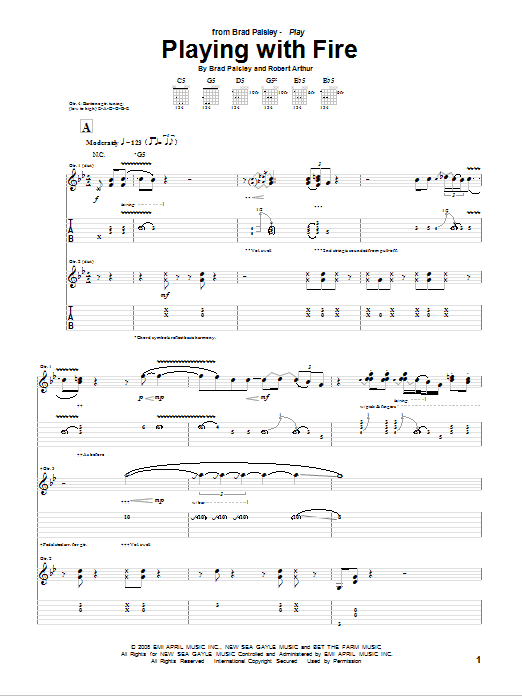 Download Brad Paisley Playing With Fire Sheet Music and learn how to play Guitar Tab PDF digital score in minutes
