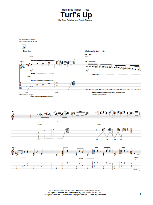 Download Brad Paisley Turf's Up Sheet Music and learn how to play Guitar Tab PDF digital score in minutes