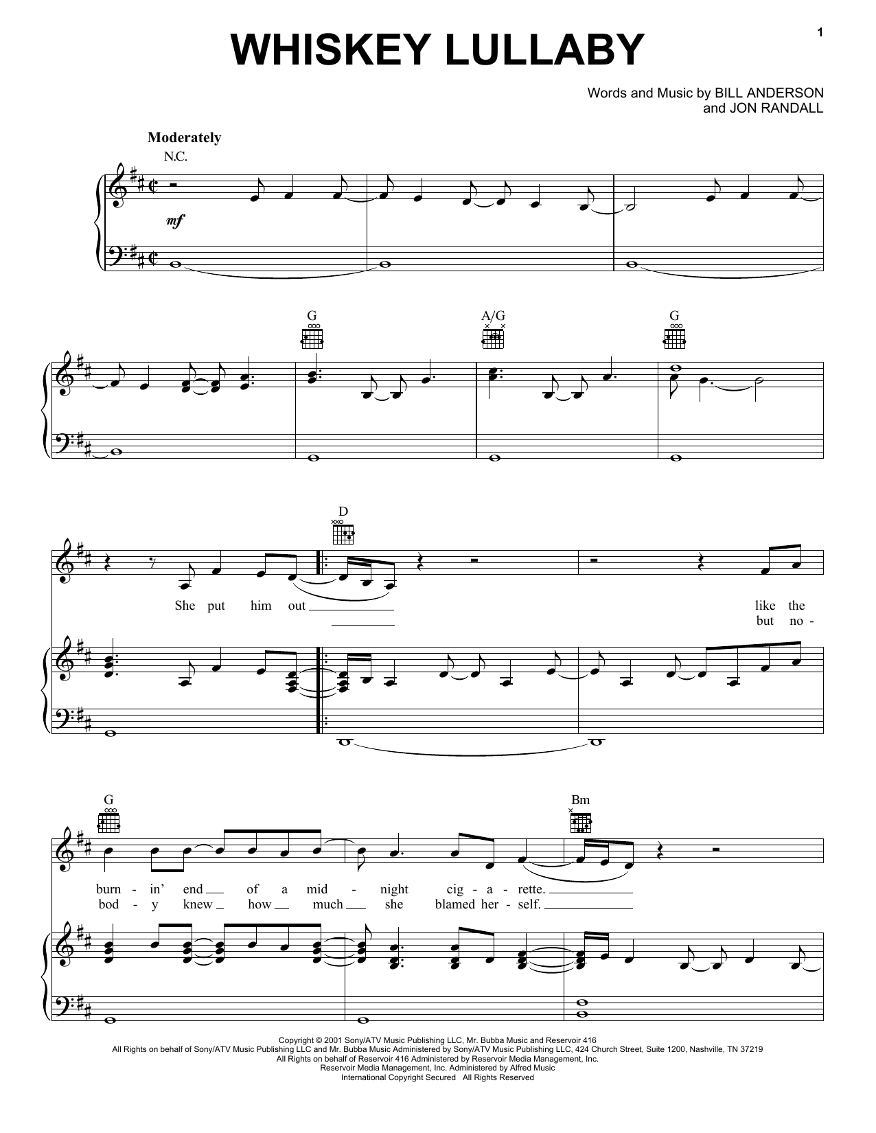Download Brad Paisley Whiskey Lullaby Sheet Music and learn how to play Piano, Vocal & Guitar (Right-Hand Melody) PDF digital score in minutes