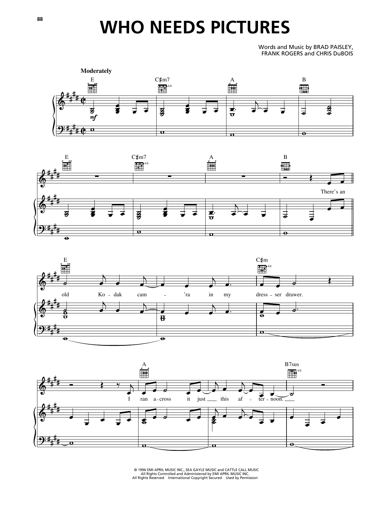 Download Brad Paisley Who Needs Pictures Sheet Music and learn how to play Piano, Vocal & Guitar Chords (Right-Hand Melody) PDF digital score in minutes