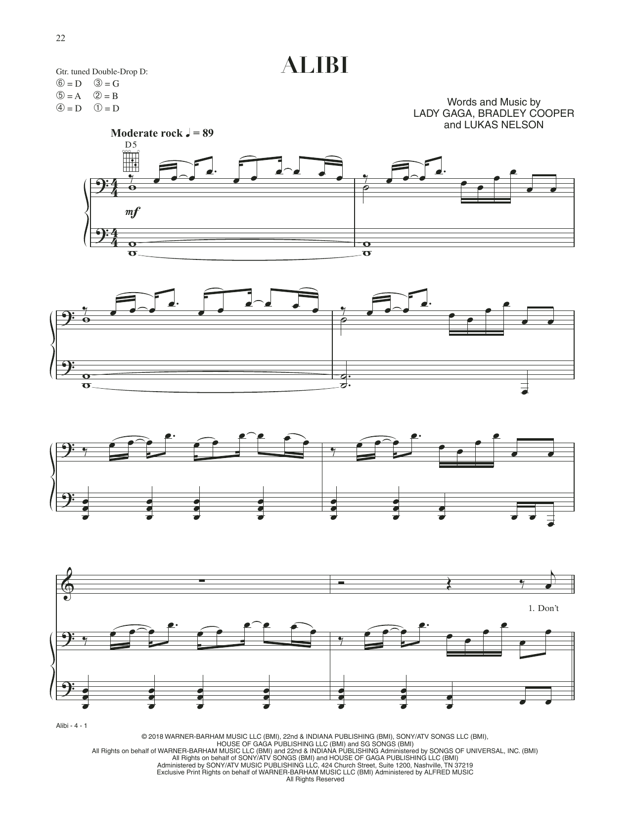 Download Bradley Cooper Alibi (from A Star Is Born) Sheet Music and learn how to play Piano, Vocal & Guitar Chords (Right-Hand Melody) PDF digital score in minutes