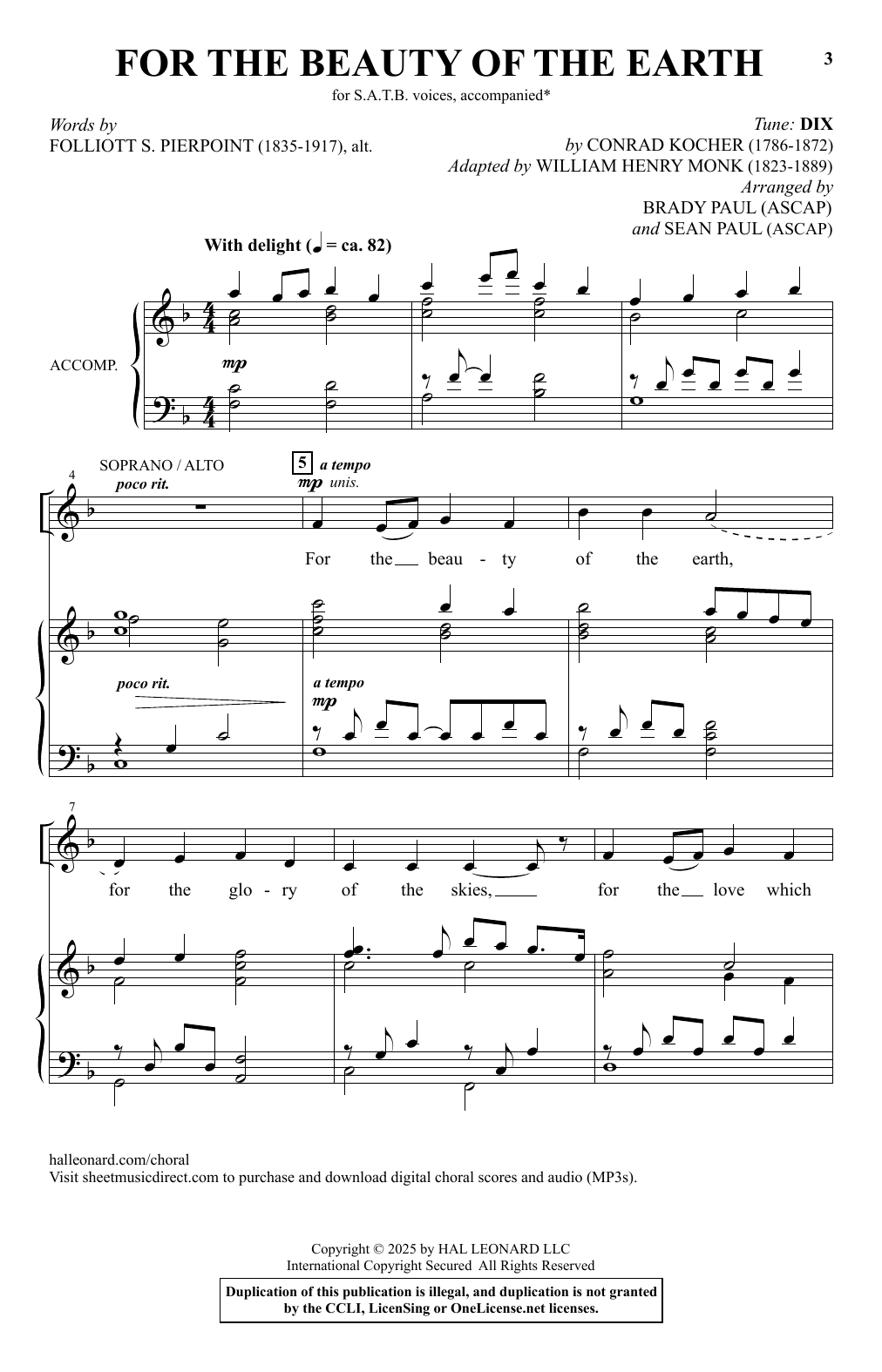 Download Brady Paul and Sean Paul For The Beauty Of The Earth Sheet Music and learn how to play SATB Choir PDF digital score in minutes
