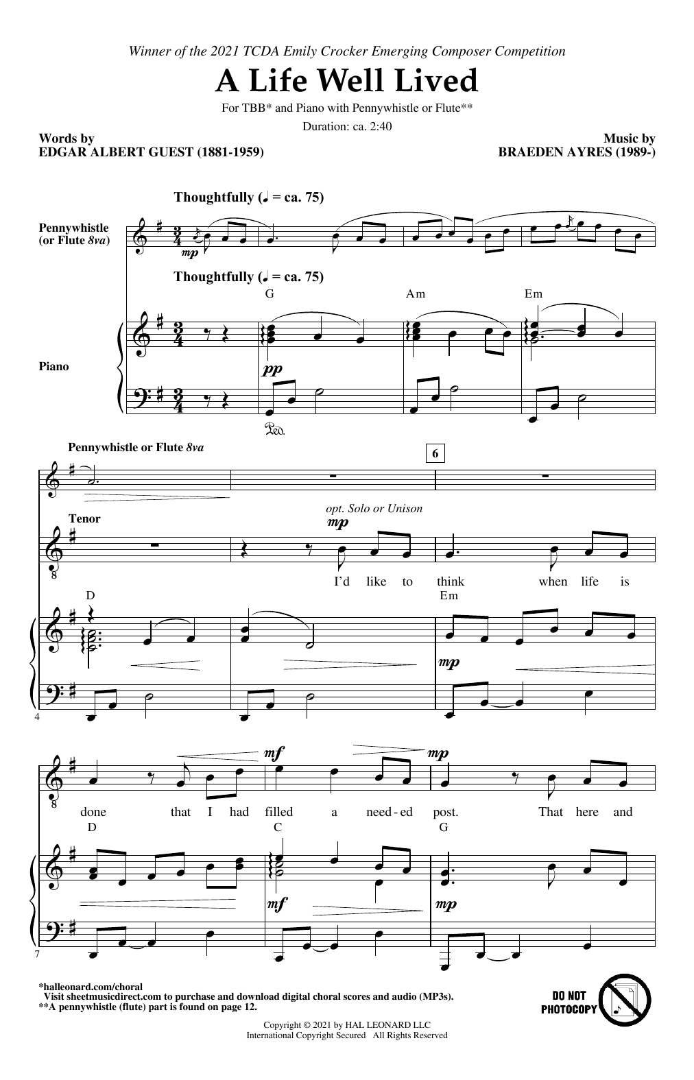 Download Braeden Ayres A Life Well Lived Sheet Music and learn how to play TBB Choir PDF digital score in minutes