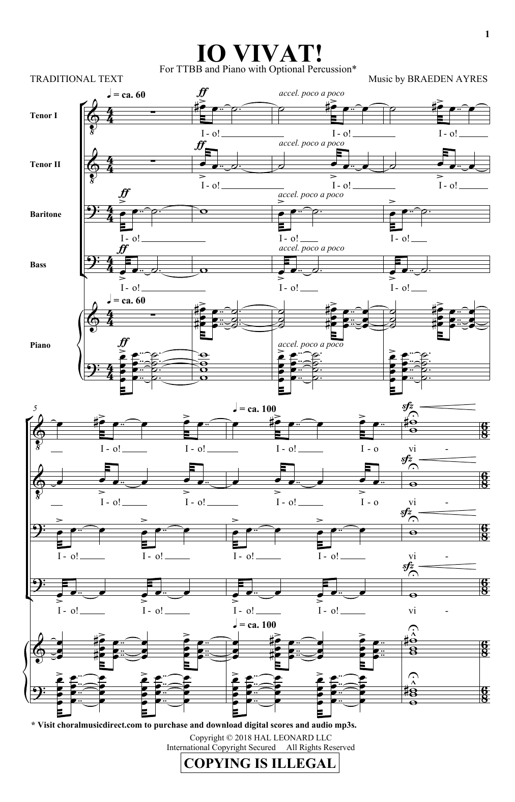 Download Braeden Ayres Io Vivat! Sheet Music and learn how to play TTBB PDF digital score in minutes