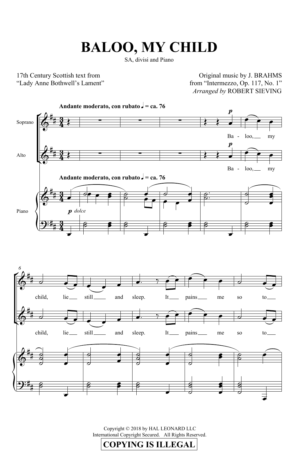 Download Brahms, Johannes Baloo, My Child (arr. Robert Sieving) Sheet Music and learn how to play 2-Part Choir PDF digital score in minutes