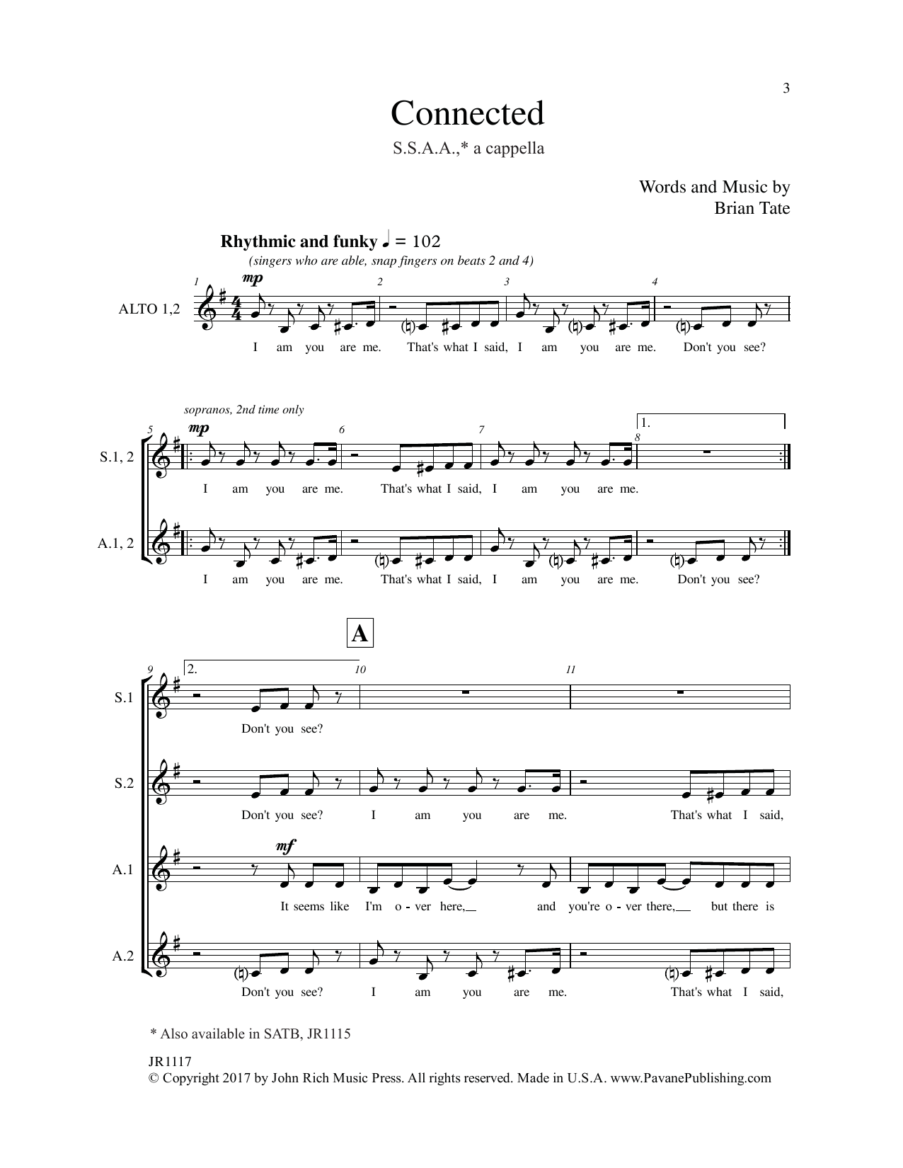Download Brain Tate Connected Sheet Music and learn how to play SSAA Choir PDF digital score in minutes