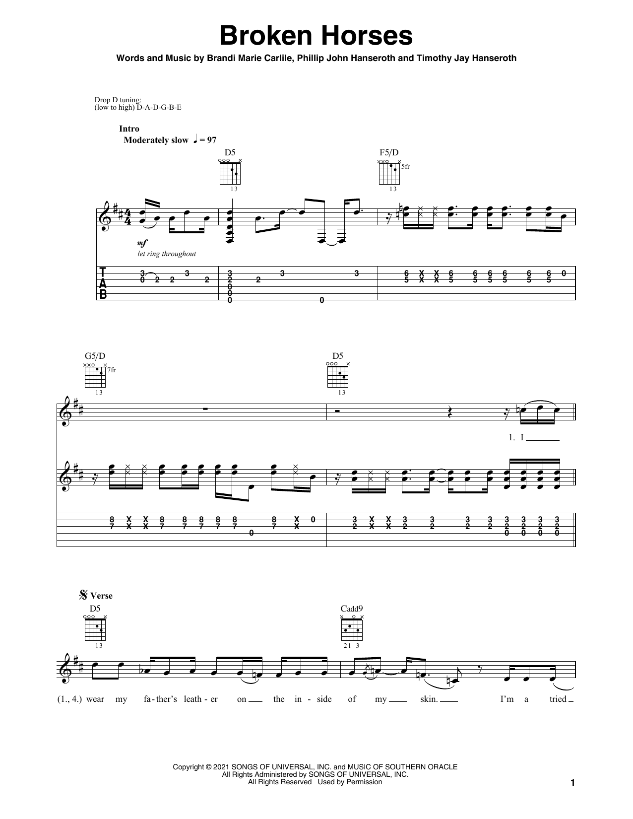 Download Brandi Carlile Broken Horses Sheet Music and learn how to play Solo Guitar PDF digital score in minutes