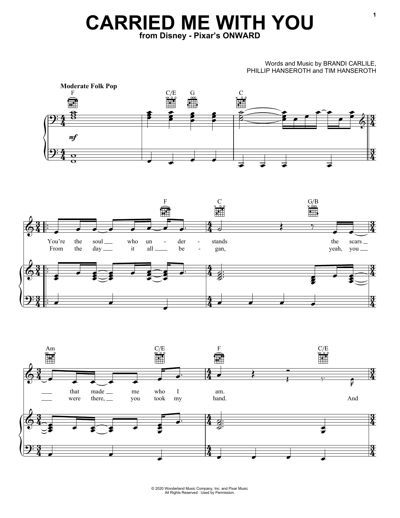 Download Brandi Carlile Carried Me With You (from Onward) Sheet Music and learn how to play Piano, Vocal & Guitar Chords (Right-Hand Melody) PDF digital score in minutes