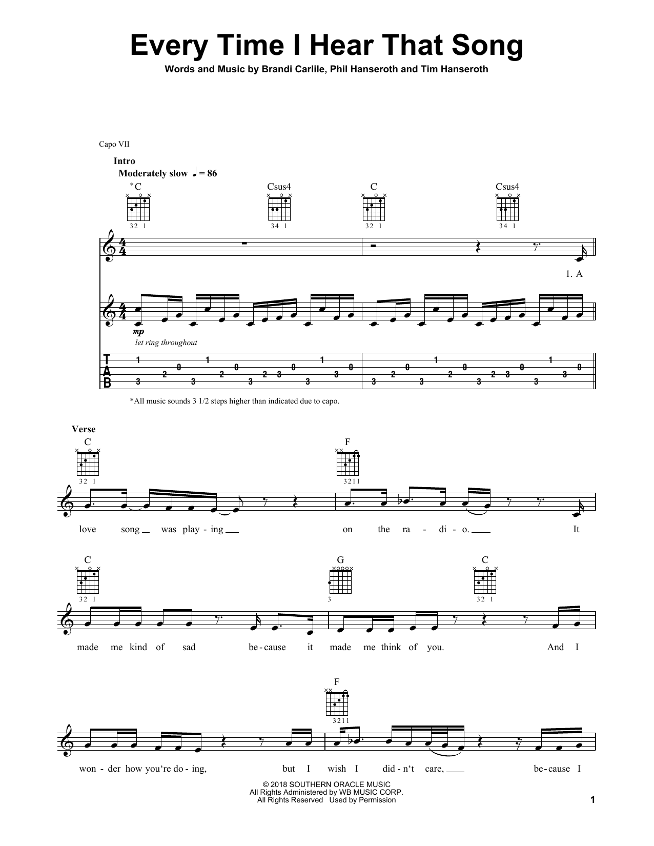 Download Brandi Carlile Every Time I Hear That Song Sheet Music and learn how to play Guitar Tab PDF digital score in minutes