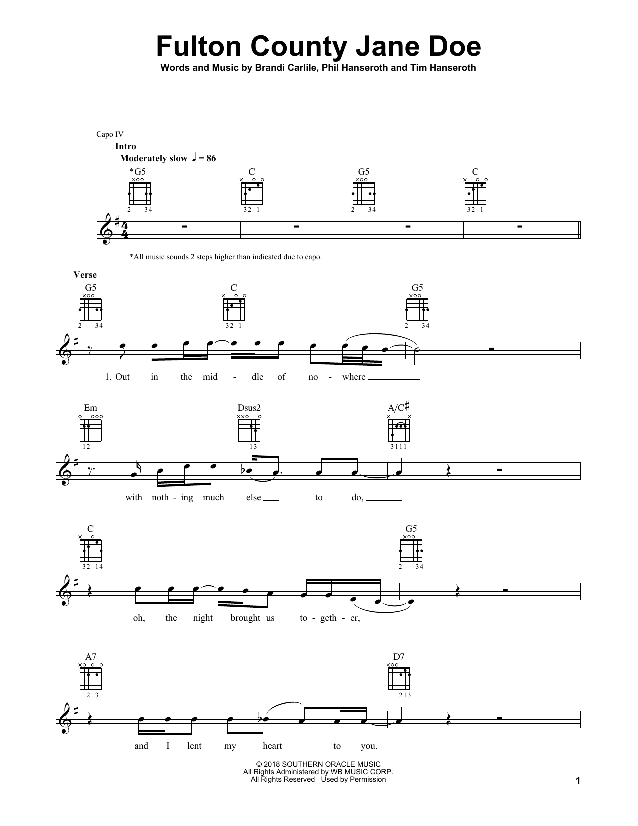 Download Brandi Carlile Fulton County Jane Doe Sheet Music and learn how to play Guitar Tab PDF digital score in minutes