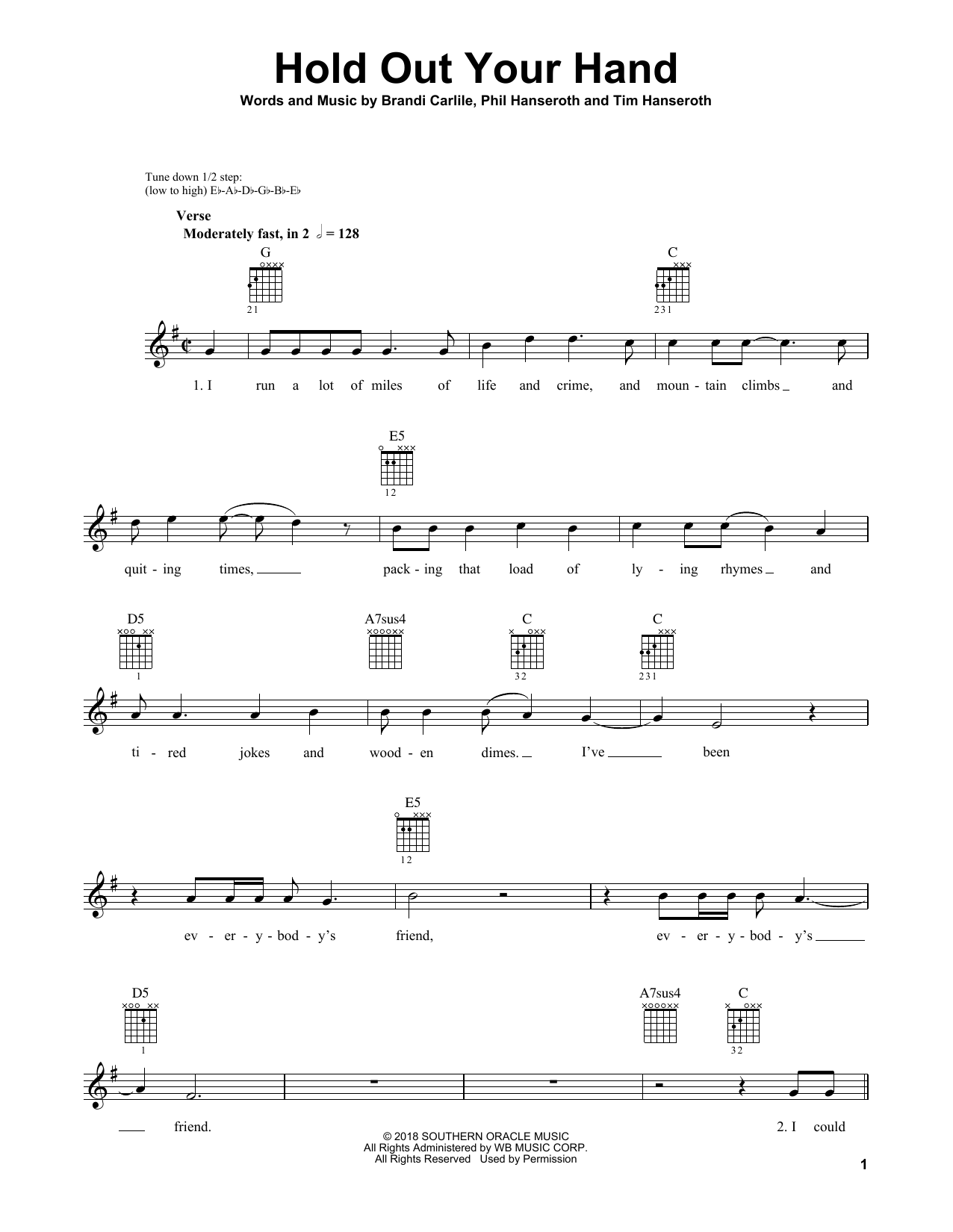 Download Brandi Carlile Hold Out Your Hand Sheet Music and learn how to play Guitar Tab PDF digital score in minutes
