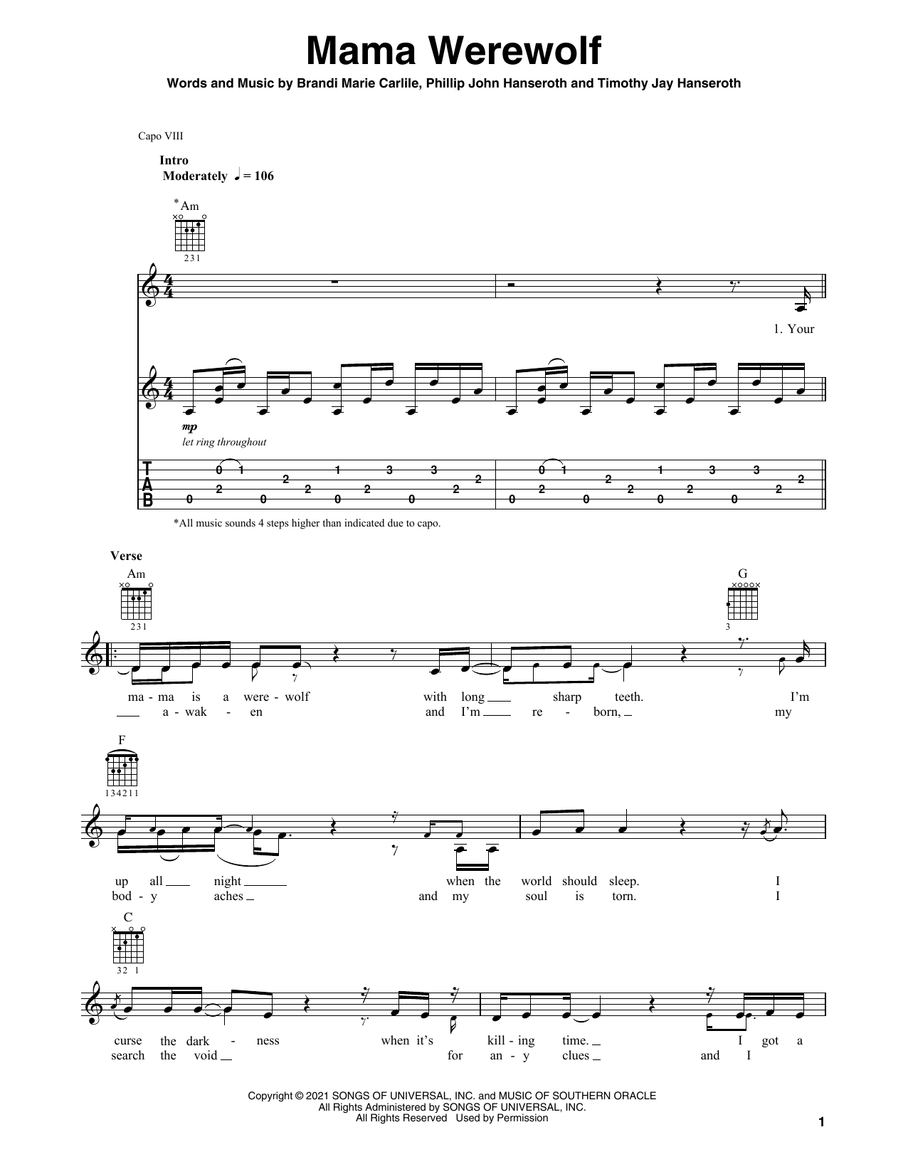 Download Brandi Carlile Mama Werewolf Sheet Music and learn how to play Solo Guitar PDF digital score in minutes