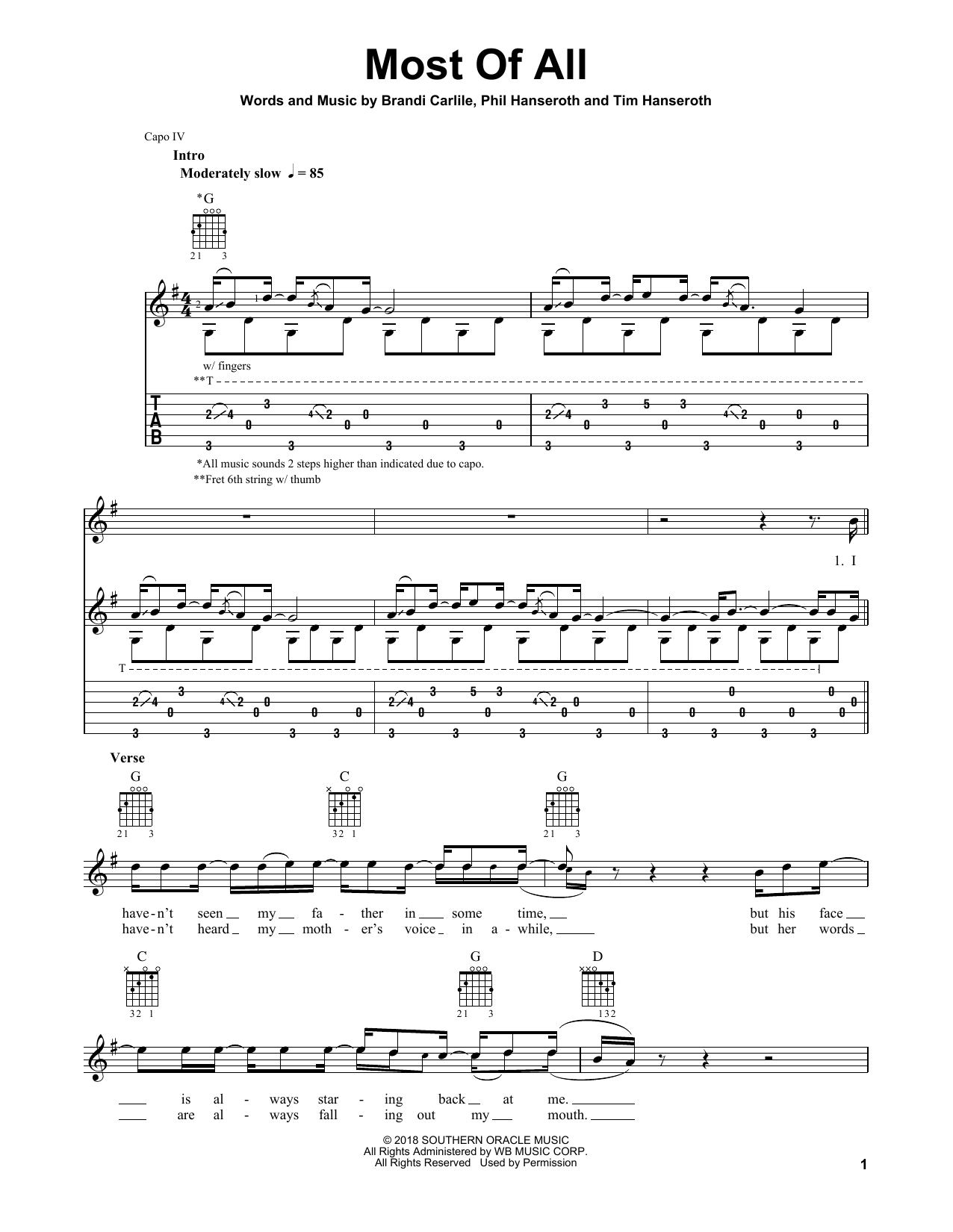 Download Brandi Carlile Most Of All Sheet Music and learn how to play Guitar Tab PDF digital score in minutes