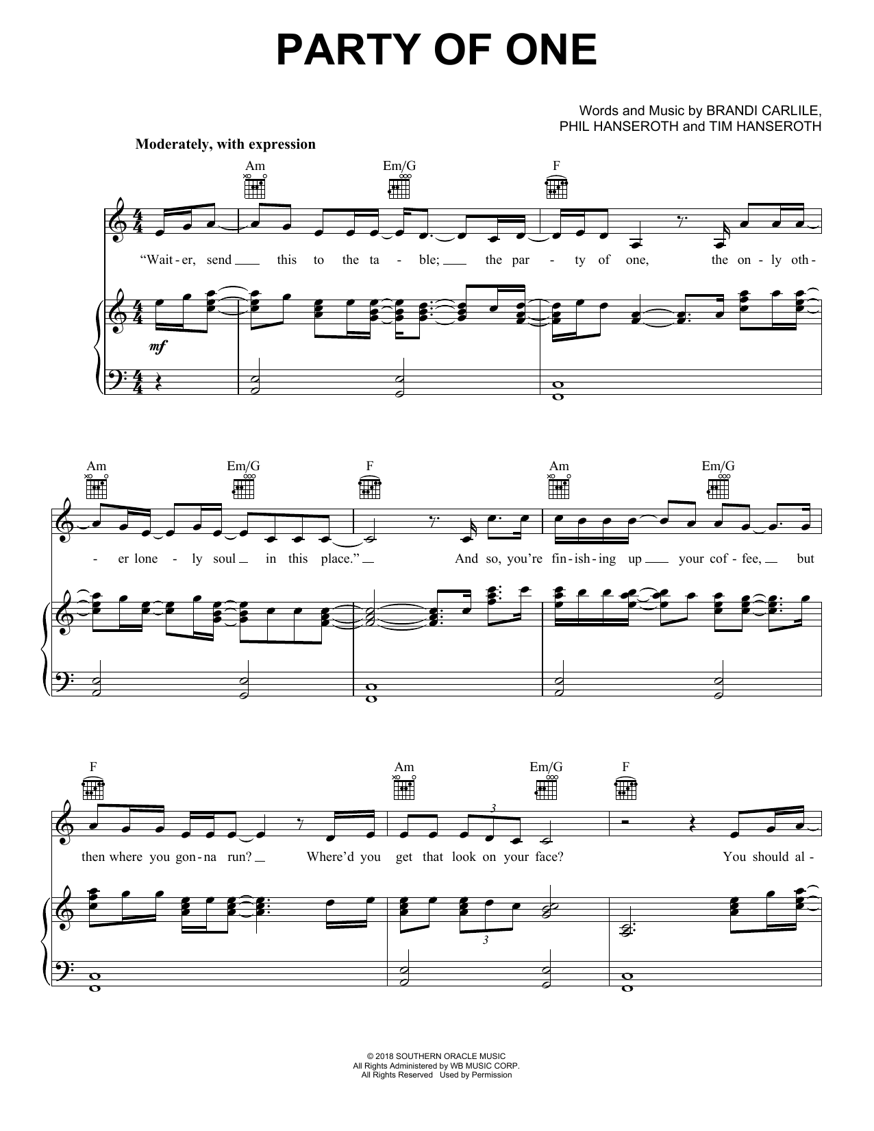 Download Brandi Carlile Party Of One (feat. Sam Smith) Sheet Music and learn how to play Piano, Vocal & Guitar Chords (Right-Hand Melody) PDF digital score in minutes