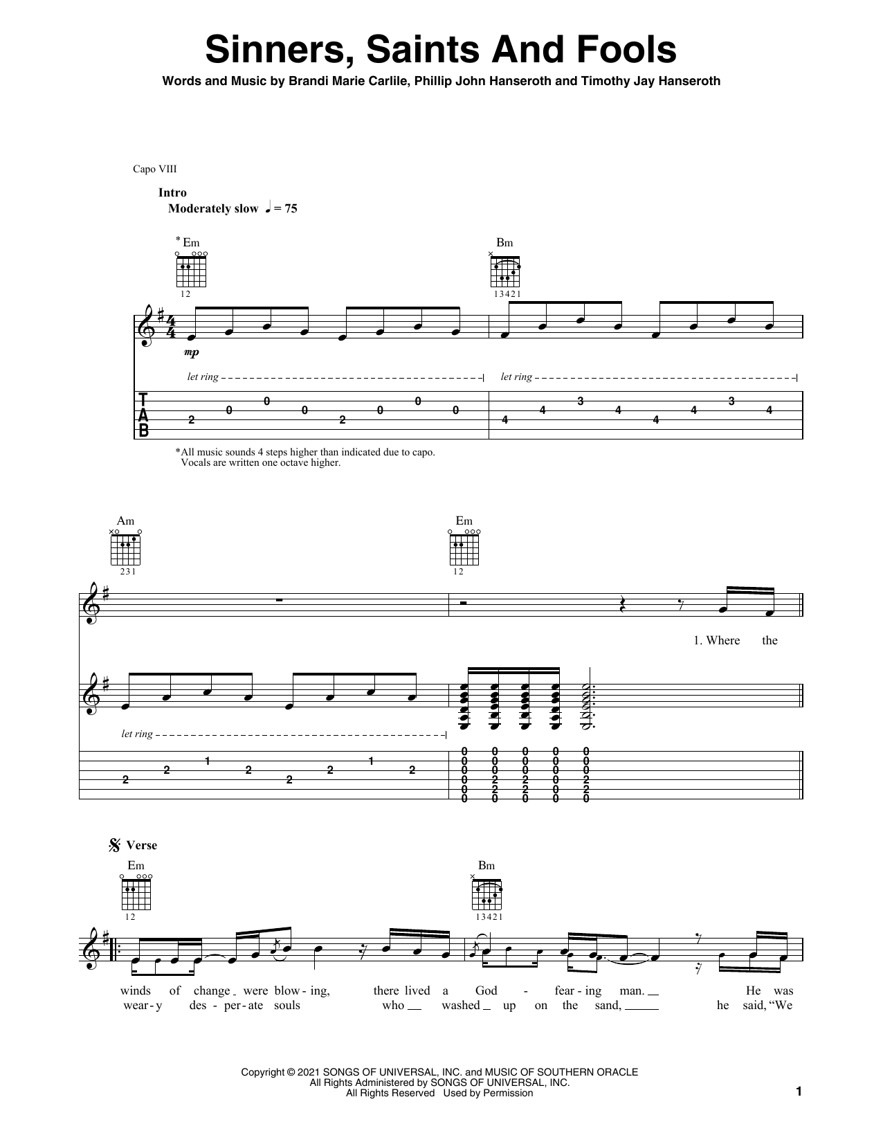 Download Brandi Carlile Sinners, Saints And Fools Sheet Music and learn how to play Solo Guitar PDF digital score in minutes