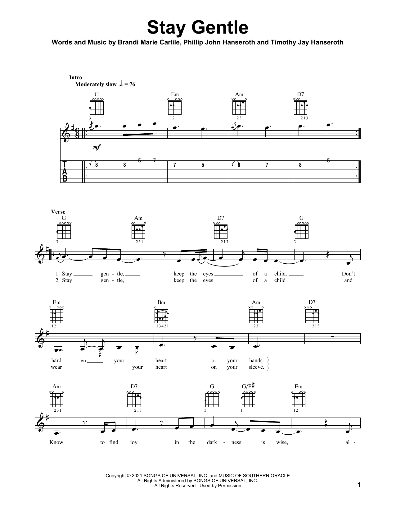 Download Brandi Carlile Stay Gentle Sheet Music and learn how to play Solo Guitar PDF digital score in minutes