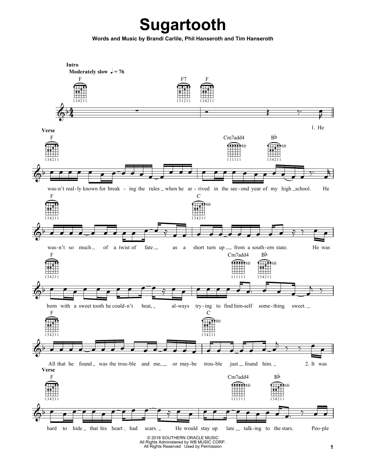 Download Brandi Carlile Sugartooth Sheet Music and learn how to play Guitar Tab PDF digital score in minutes