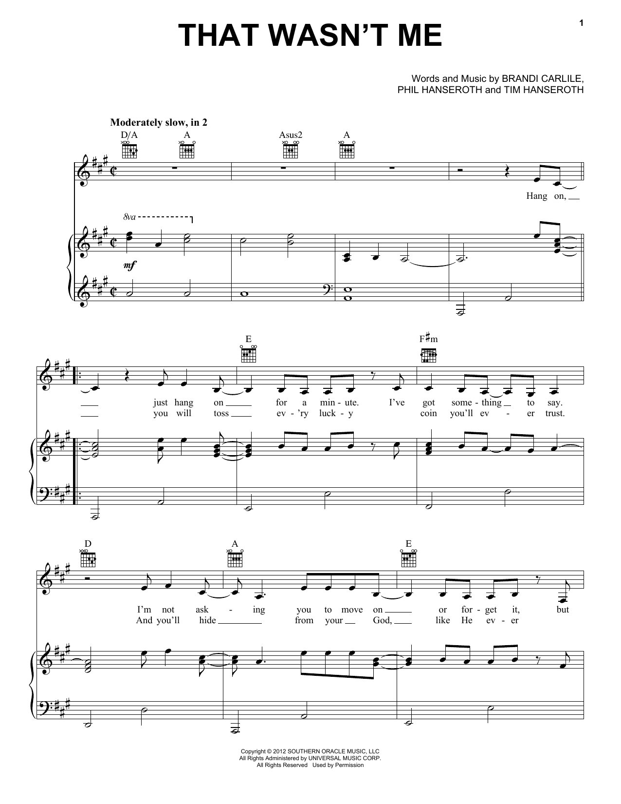Download Brandi Carlile That Wasn't Me Sheet Music and learn how to play Piano, Vocal & Guitar Chords (Right-Hand Melody) PDF digital score in minutes