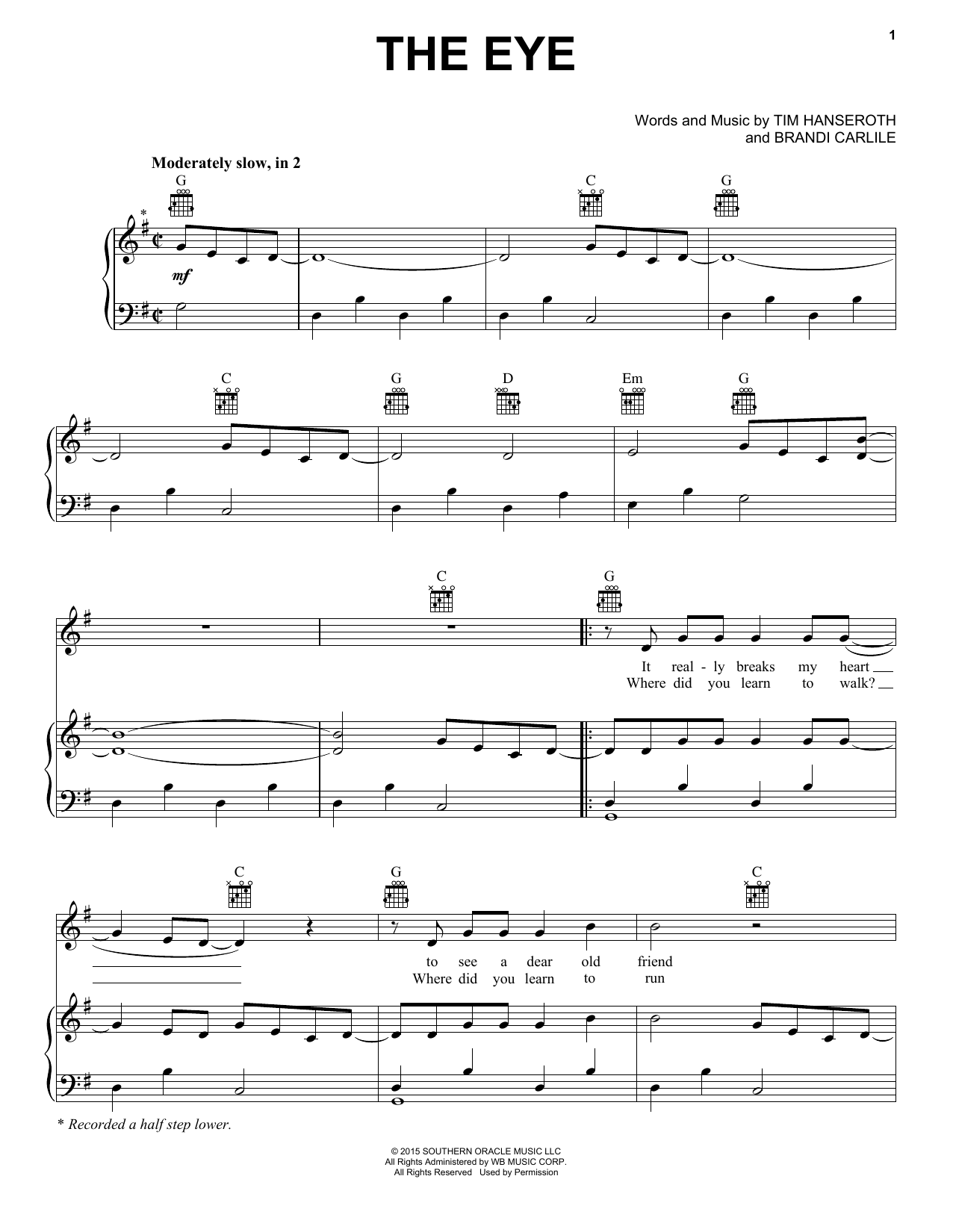 Download Brandi Carlile The Eye Sheet Music and learn how to play Piano, Vocal & Guitar Chords (Right-Hand Melody) PDF digital score in minutes