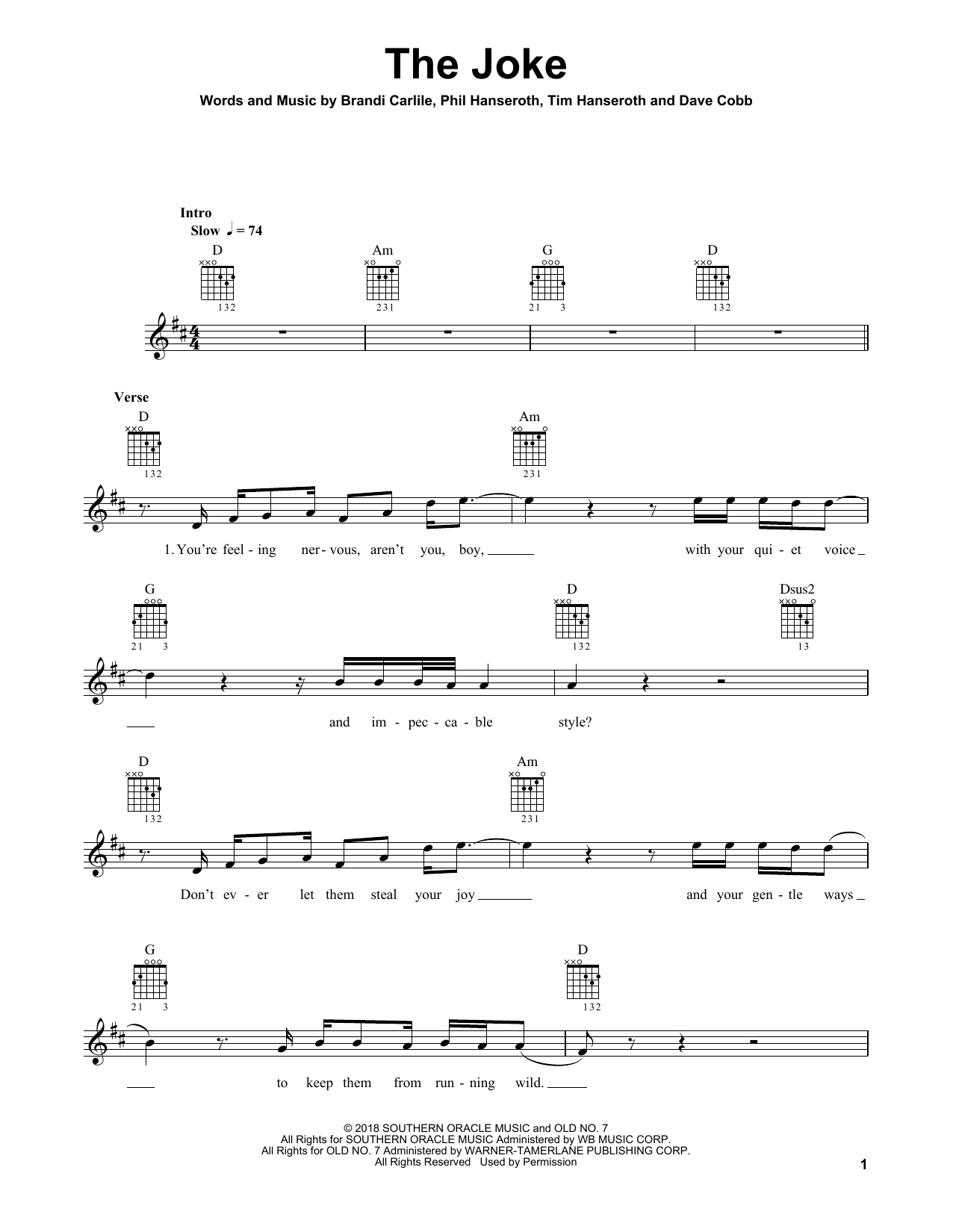 Download Brandi Carlile The Joke Sheet Music and learn how to play Piano, Vocal & Guitar Chords (Right-Hand Melody) PDF digital score in minutes
