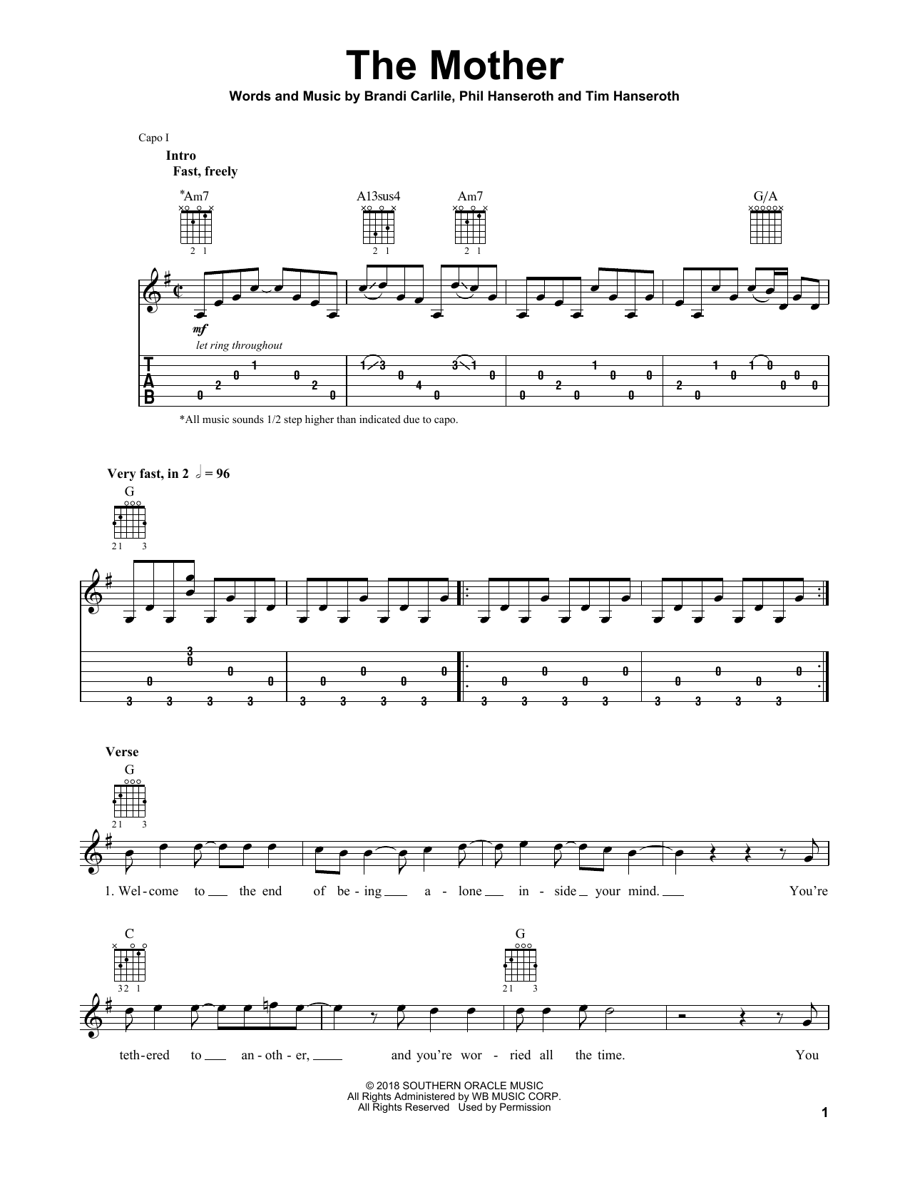 Download Brandi Carlile The Mother Sheet Music and learn how to play Guitar Tab PDF digital score in minutes