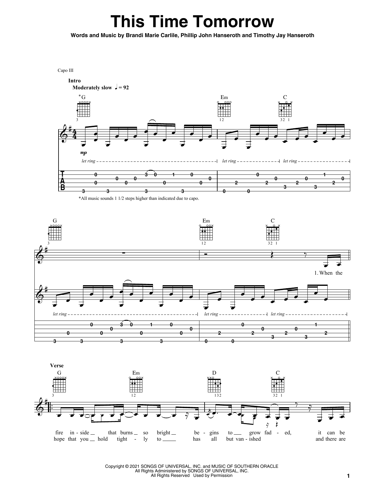 Download Brandi Carlile This Time Tomorrow Sheet Music and learn how to play Solo Guitar PDF digital score in minutes