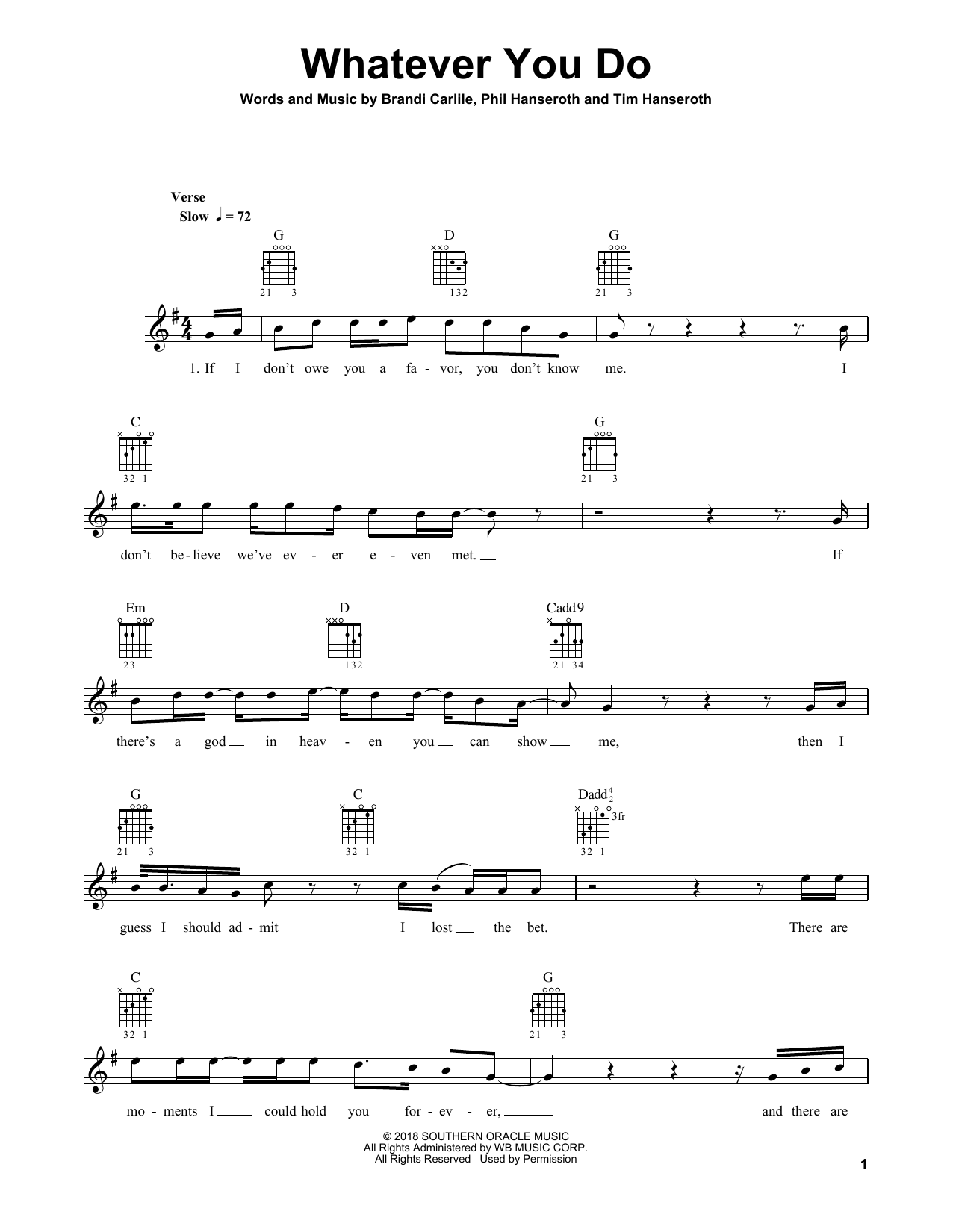 Download Brandi Carlile Whatever You Do Sheet Music and learn how to play Guitar Tab PDF digital score in minutes